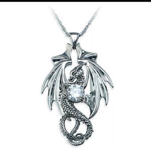 Silver titanium and simulated diamond dragon goth fantasy punk necklace new